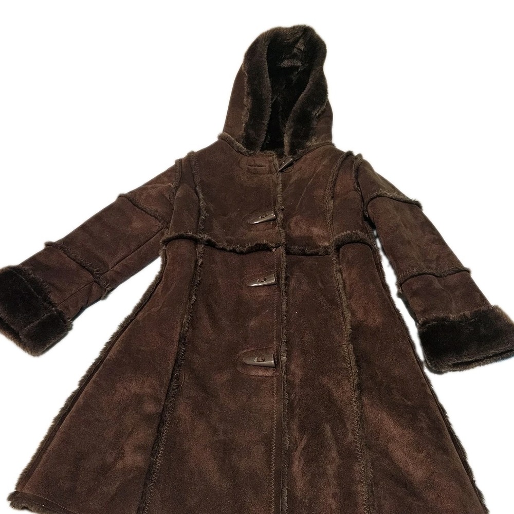 Copper Key Girls Faux Suede Shearling Coat Size 4/5 Brown Hooded Toggle Winter